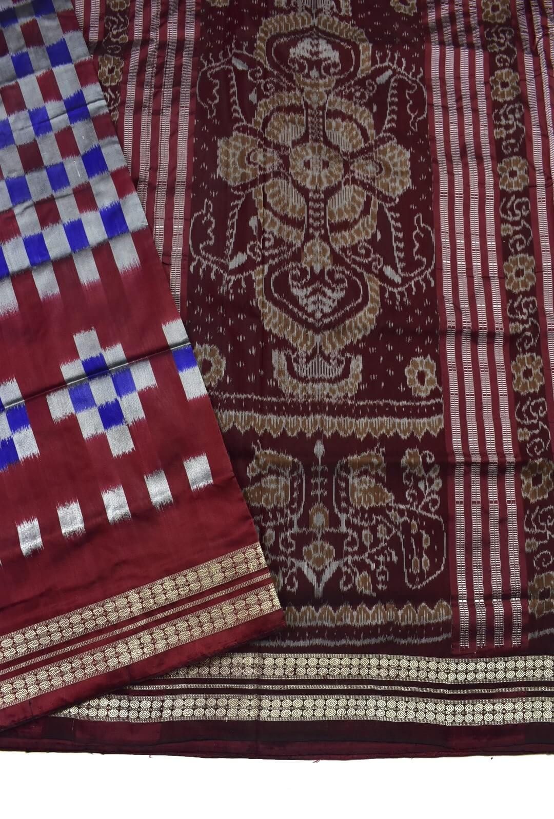 Red-Blue Colour Sambalpuri Handloom Bandha Silk Saree - Image 3