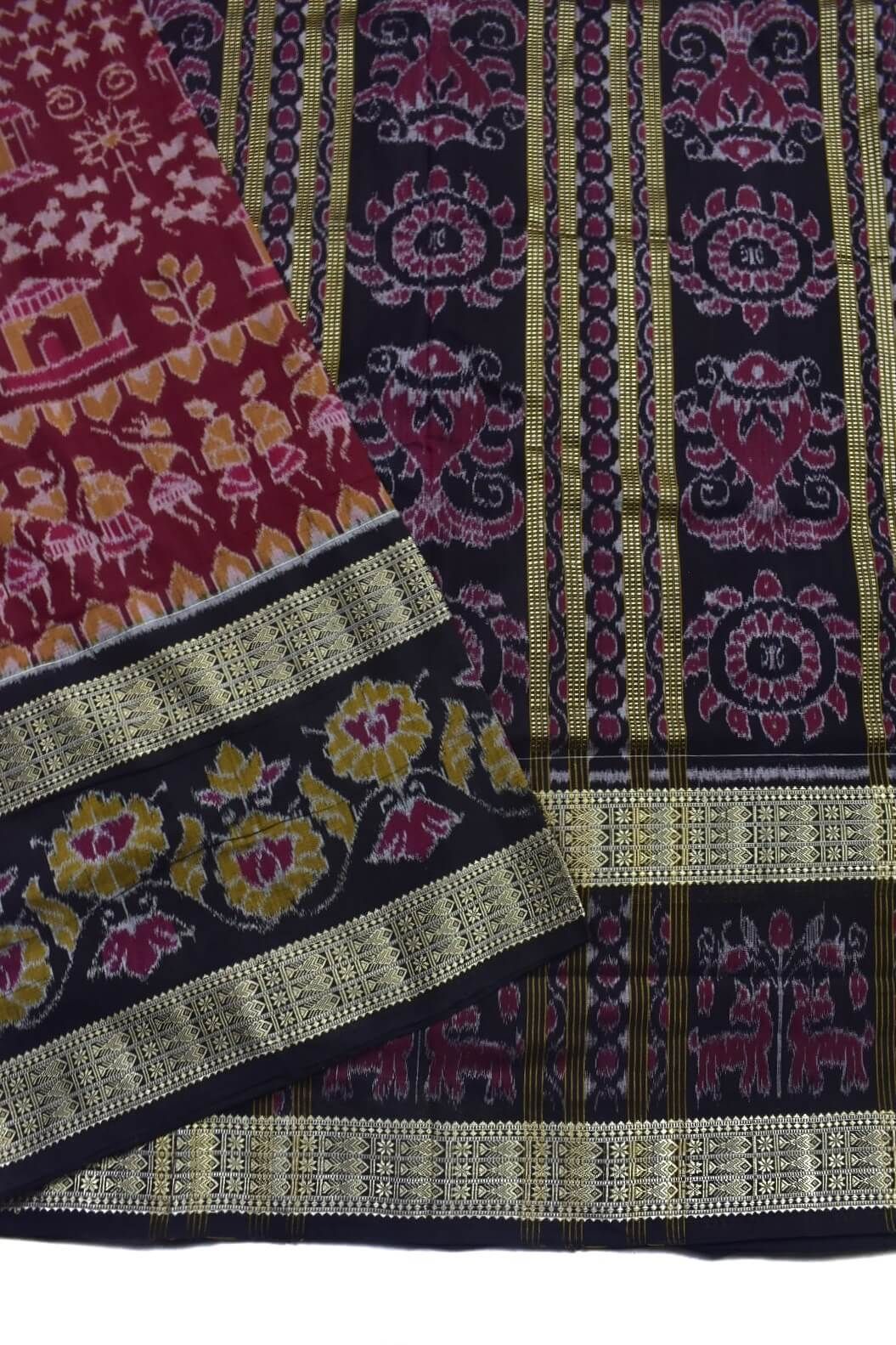 Maroon Colour Double Border Sambalpuri Handloom Bandha Cotton Saree - Image 3