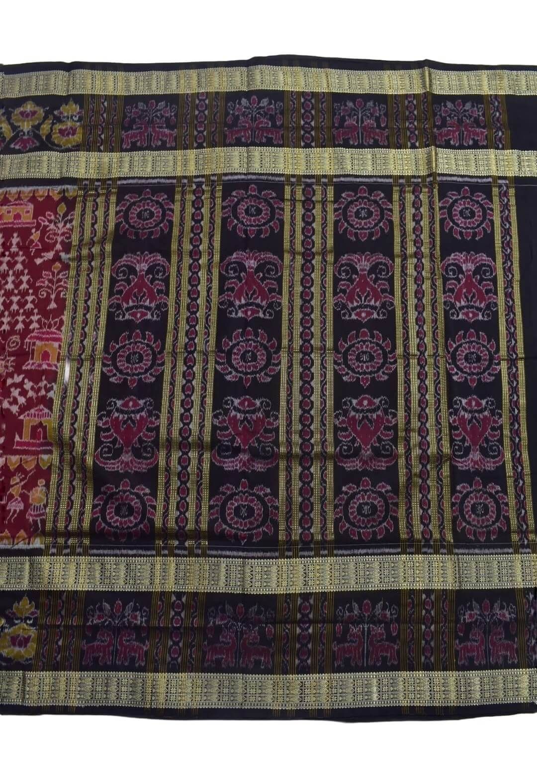 Maroon Colour Double Border Sambalpuri Handloom Bandha Cotton Saree - Image 2