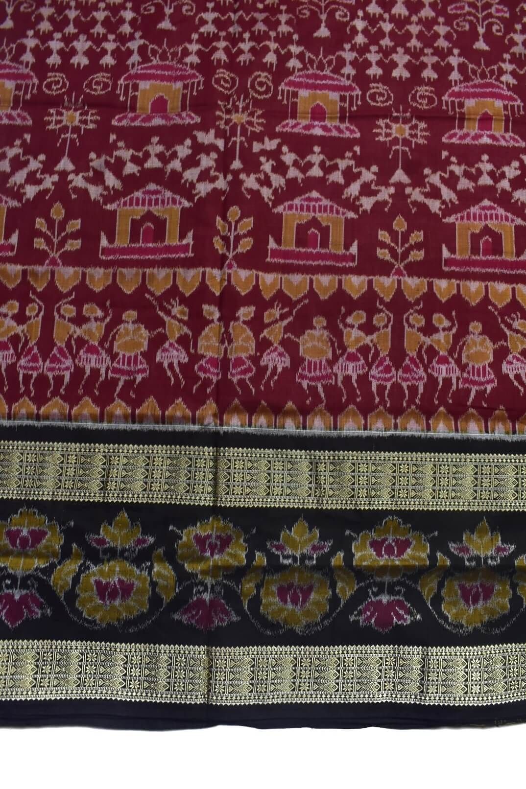 Maroon Colour Double Border Sambalpuri Handloom Bandha Cotton Saree - Image 4
