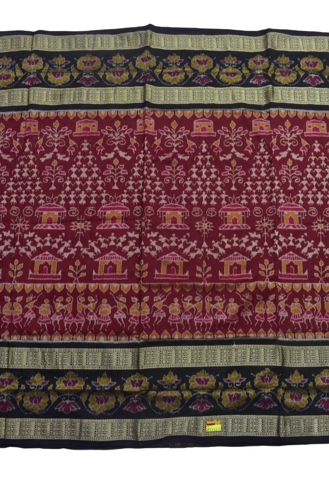 Maroon Colour Double Border Sambalpuri Handloom Bandha Cotton Saree