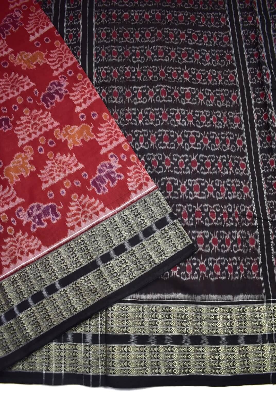 Red Colour Sambalpuri Handloom Bandha Cotton Saree - Image 3