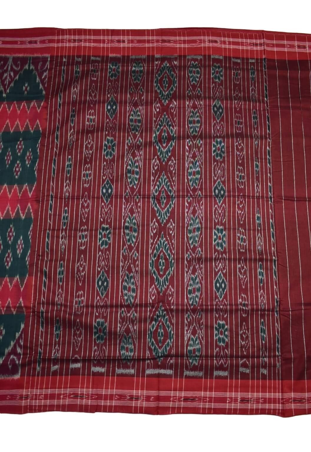 Green-Red Colour Sambalpuri Handloom Mania Bandha Cotton Saree - Image 2