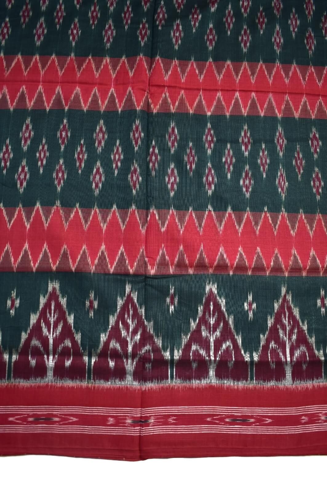 Green-Red Colour Sambalpuri Handloom Mania Bandha Cotton Saree - Image 4