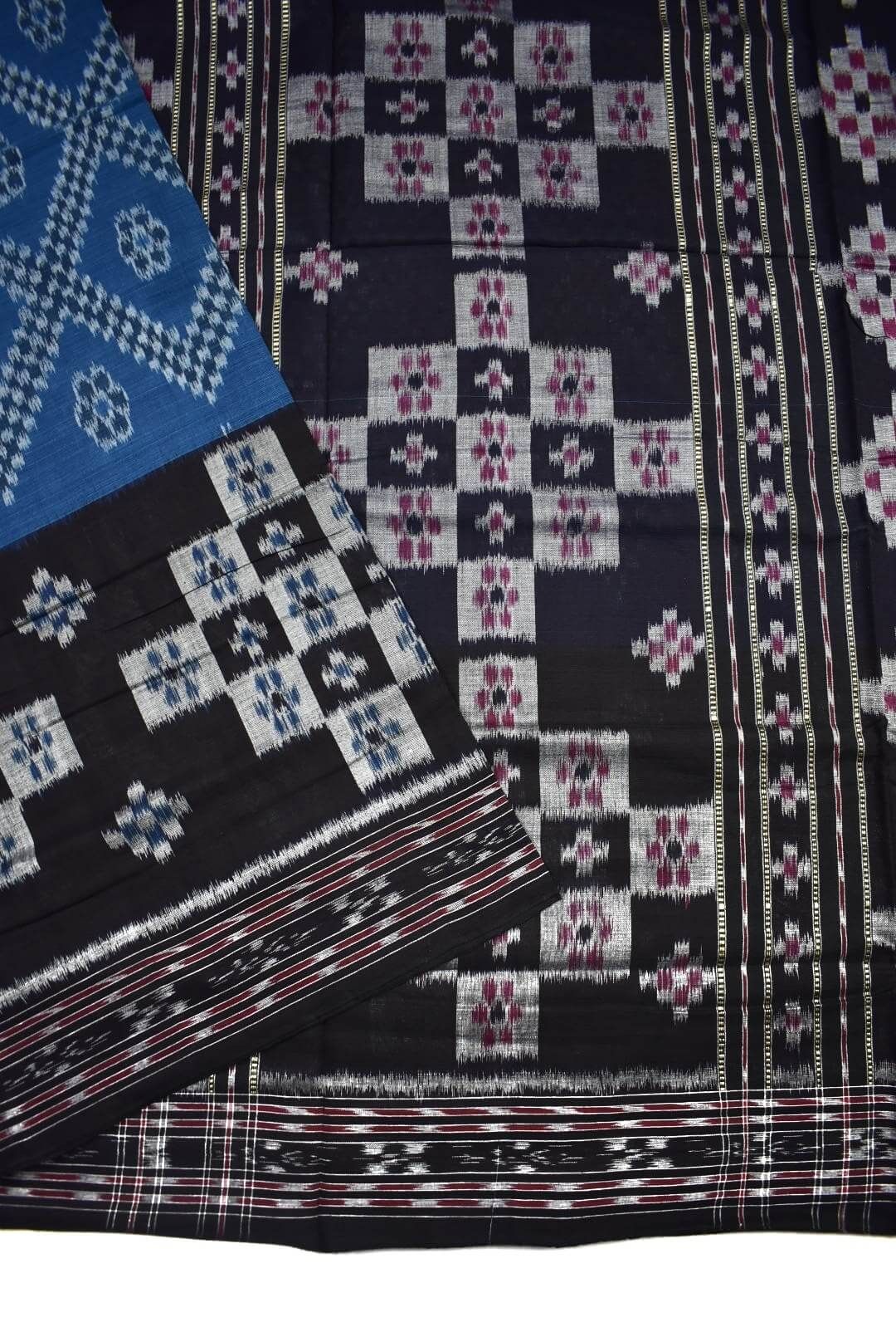 Sky-Black Colour Sambalpuri Handloom Mania Bandha Cotton Saree - Image 3