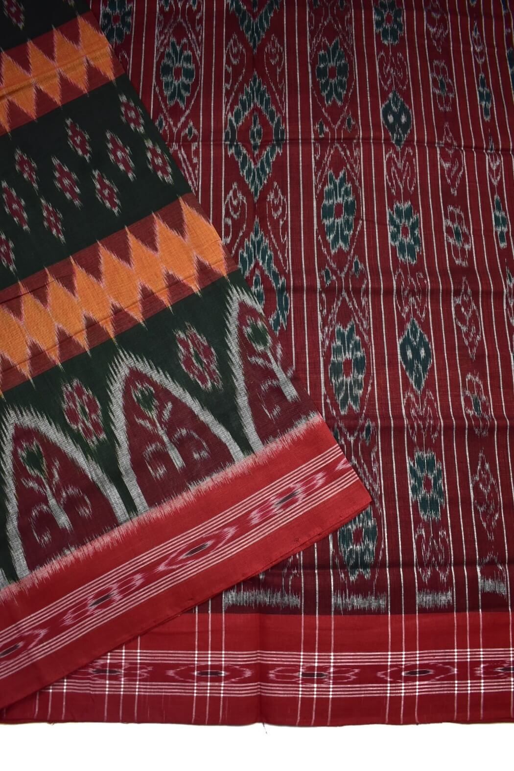 Green-Orange Colour Sambalpuri Handloom Mania Bandha Cotton Saree - Image 3
