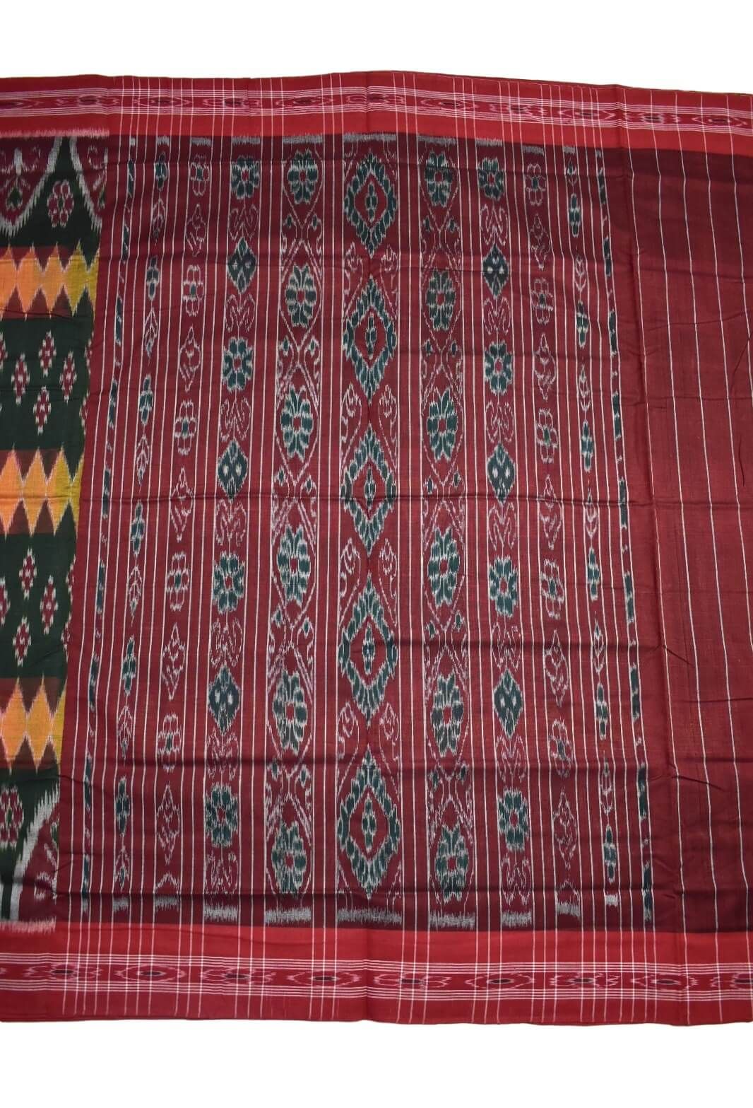 Green-Orange Colour Sambalpuri Handloom Mania Bandha Cotton Saree - Image 2