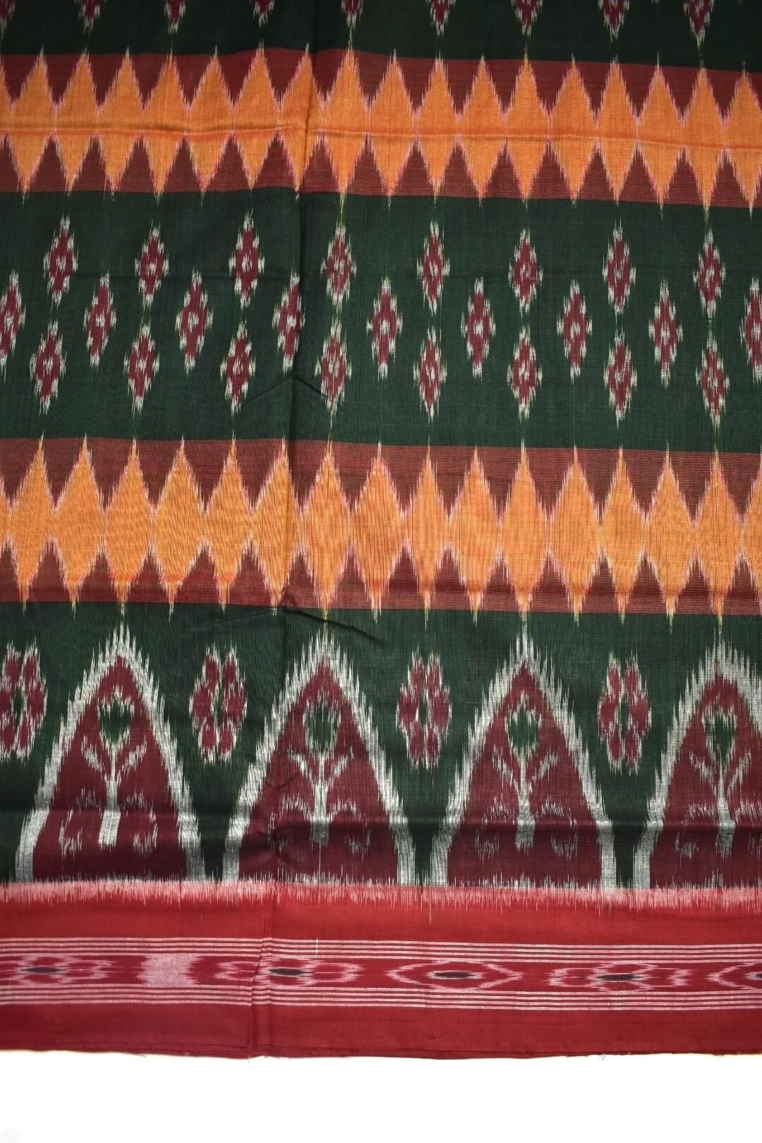 Green-Orange Colour Sambalpuri Handloom Mania Bandha Cotton Saree - Image 4