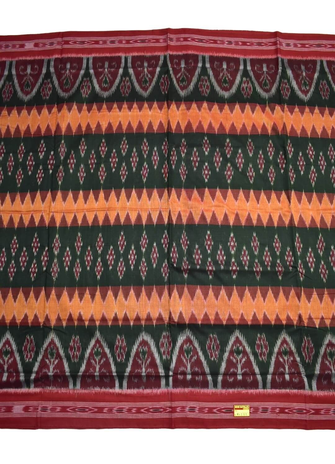 Green-Orange Colour Sambalpuri Handloom Mania Bandha Cotton Saree
