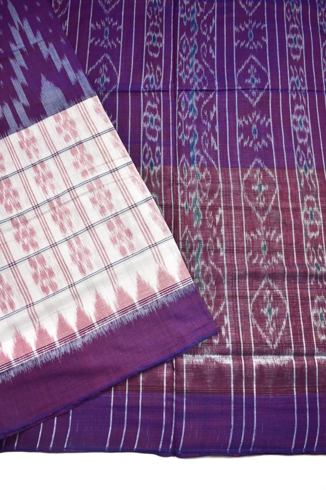 Purple-White Colour Sambalpuri Handloom Mania Bandha Cotton Saree - Image 3