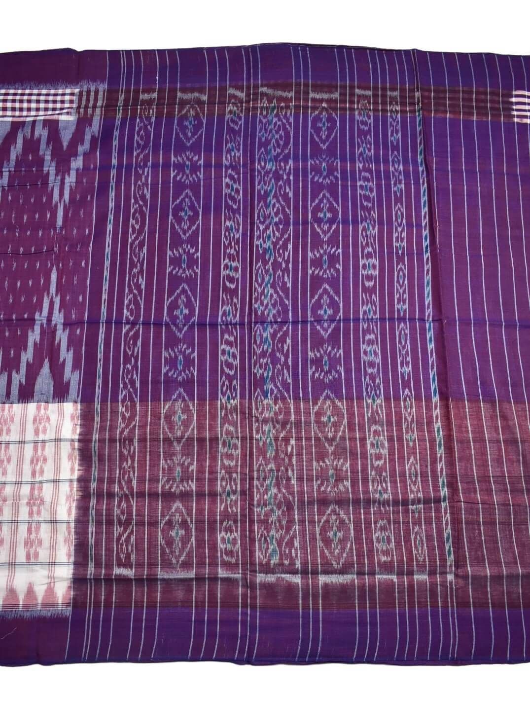 Purple-White Colour Sambalpuri Handloom Mania Bandha Cotton Saree - Image 2