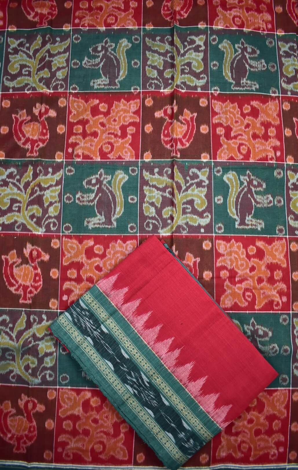Red-Green Colour Sambalpuri Handloom Cotton Dress Material - Image 3