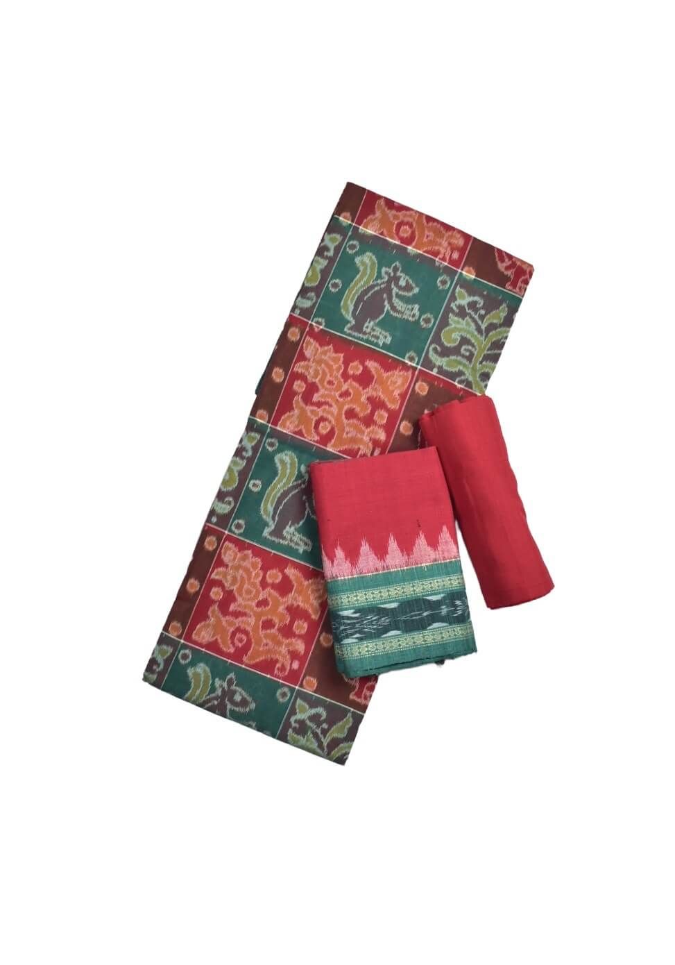 Red-Green Colour Sambalpuri Handloom Cotton Dress Material
