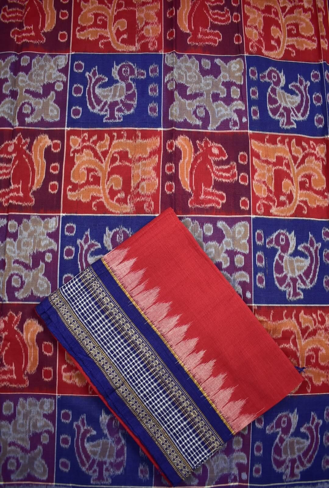 Red-Blue Colour Sambalpuri Handloom Cotton Dress Material - Image 3