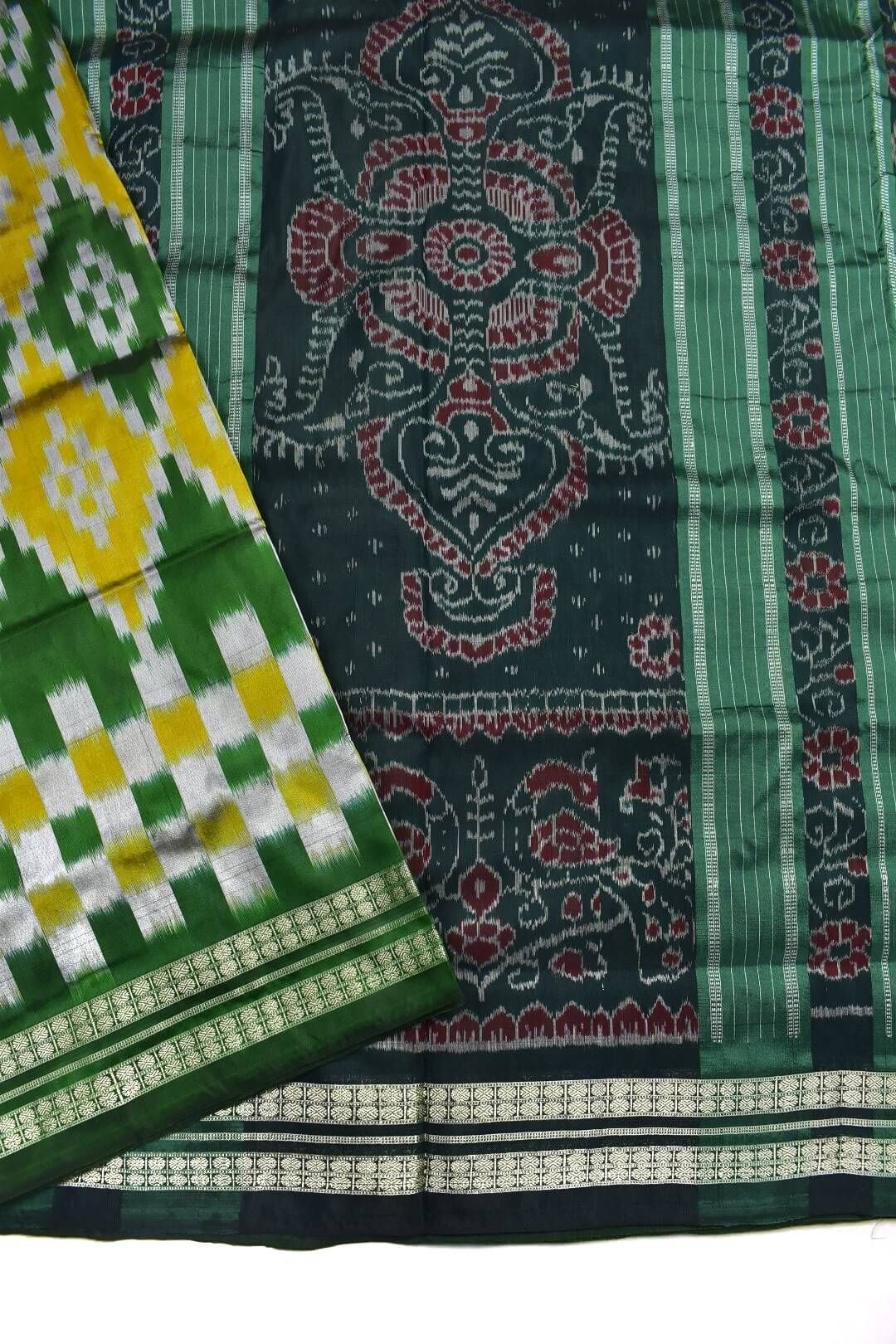 Green-Yellow Combination Pasapali Design Sambalpuri Handloom Bandha Silk Saree - Image 3