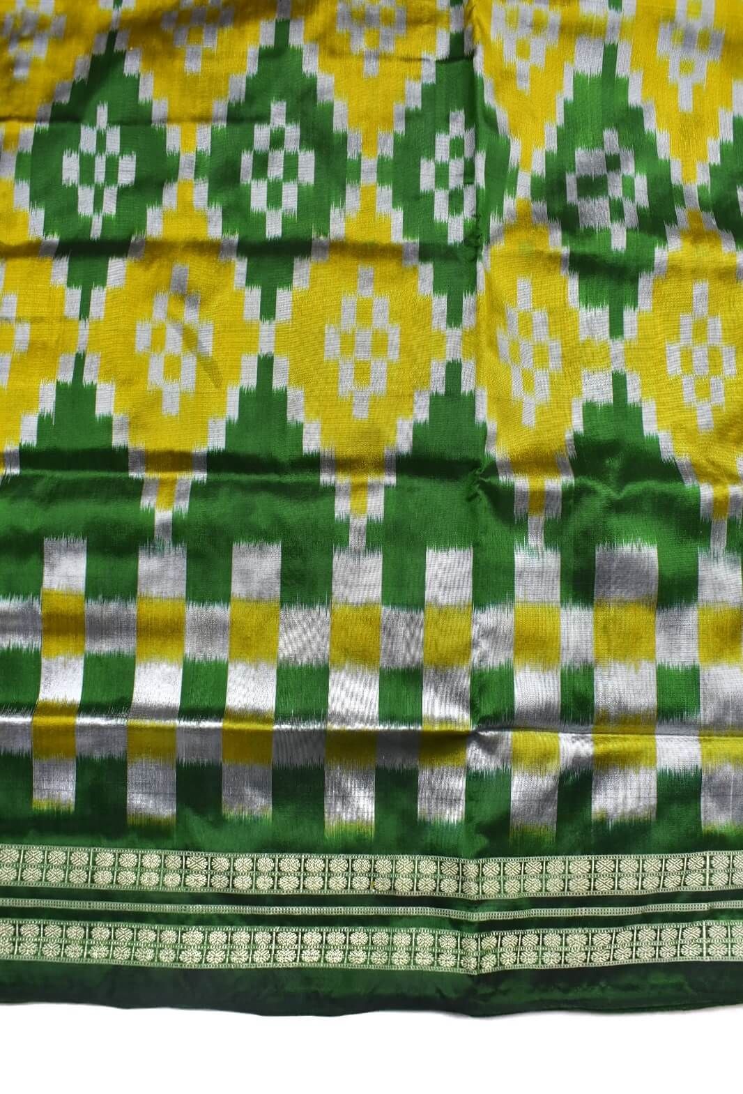 Green-Yellow Combination Pasapali Design Sambalpuri Handloom Bandha Silk Saree - Image 4