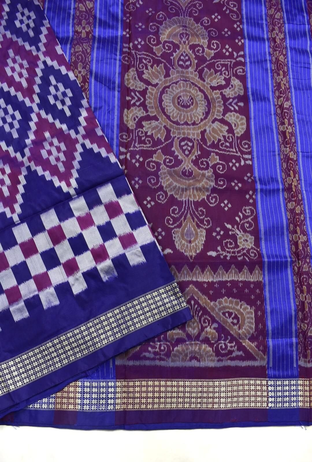 Blue-Purple Combination Pasapali Design Sambalpuri Handloom Bandha Silk Saree - Image 3