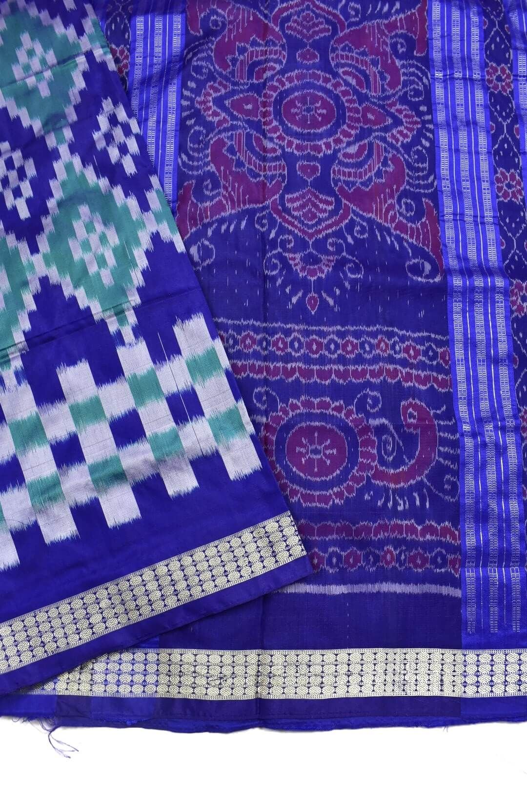 Ramagreen-Blue Combination Pasapali Design Sambalpuri Handloom Bandha Silk Saree - Image 3