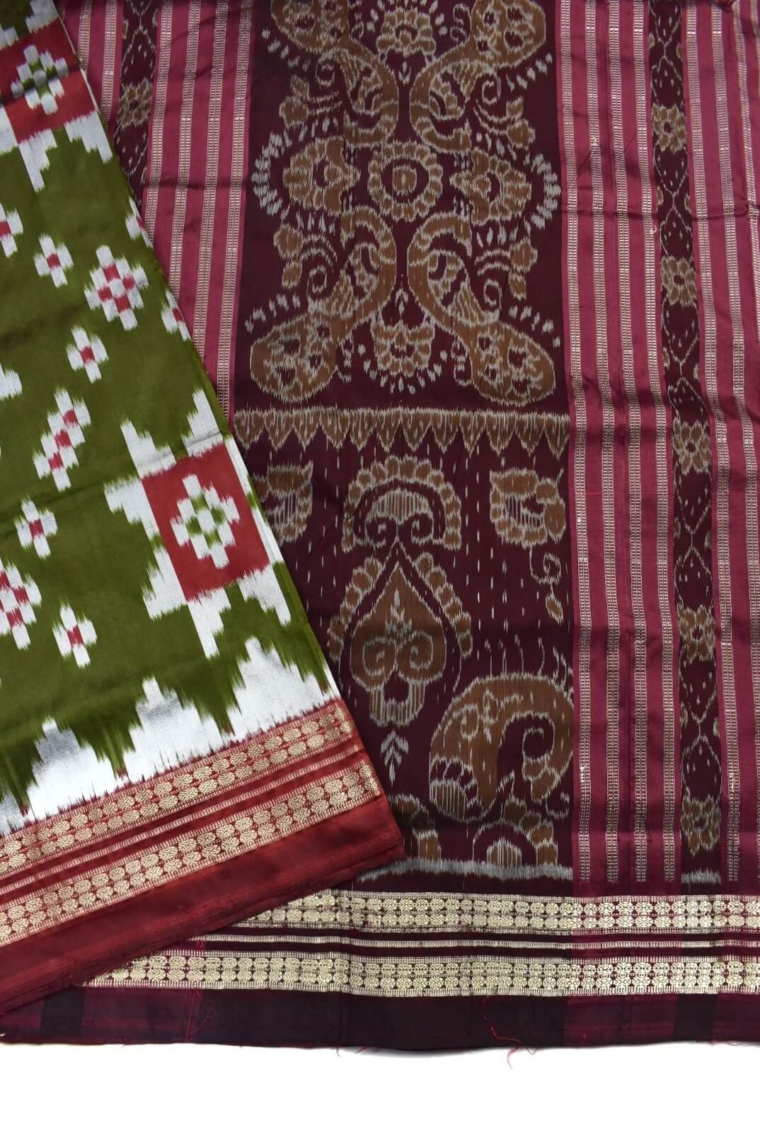 Mahendi Colour Pasapali Design Sambalpuri Handloom Bandha Silk Saree - Image 3