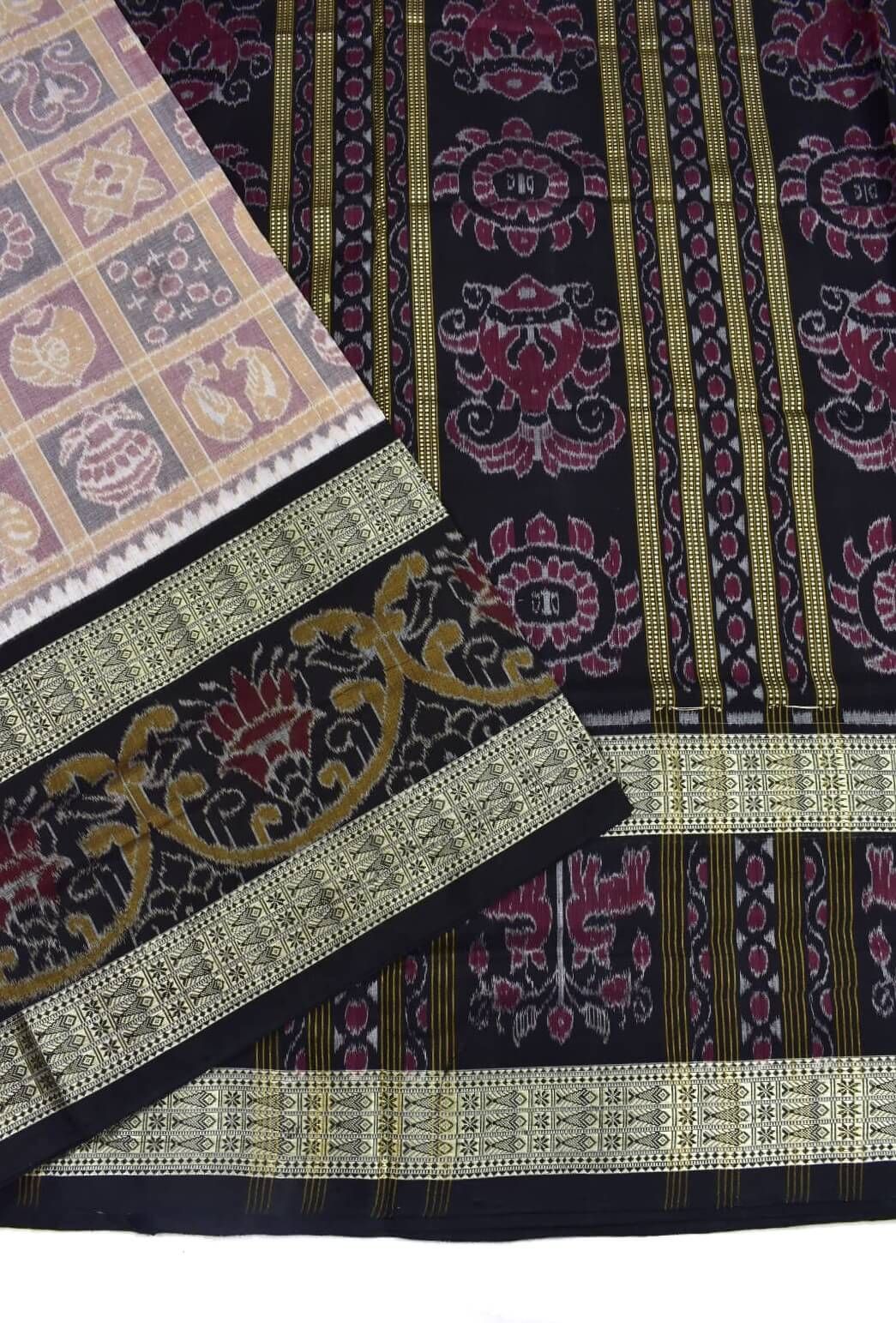 Biscuit Colour Sambalpuri Handloom Bandha Cotton Saree - Image 3