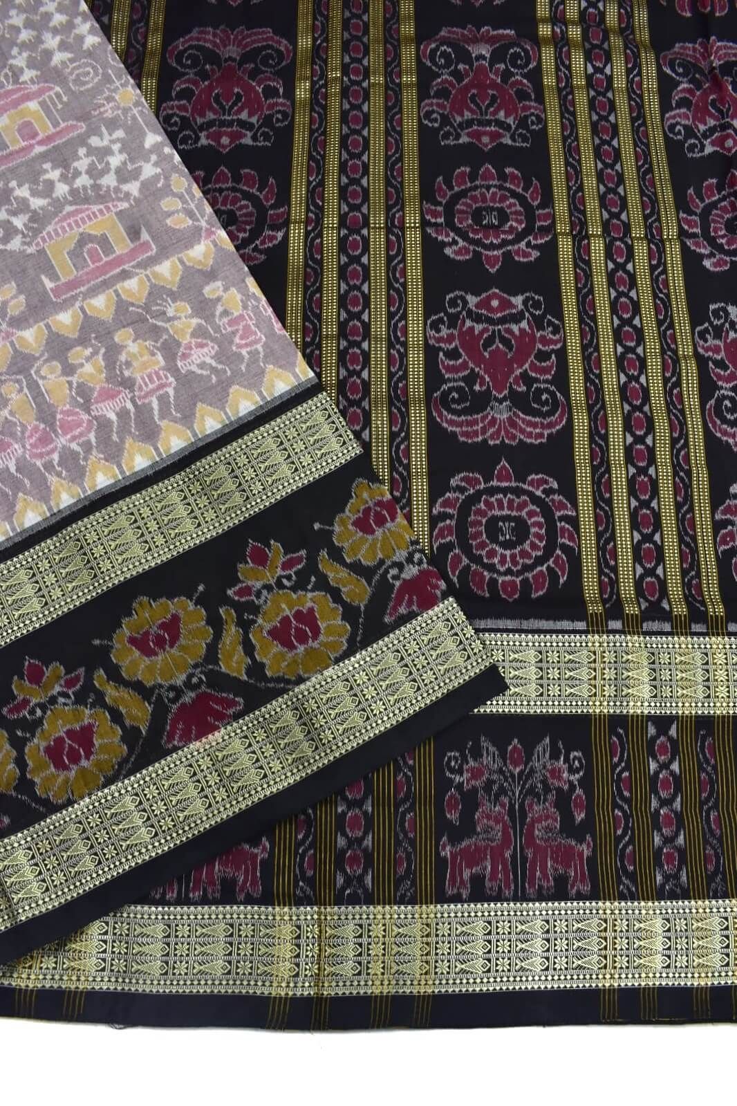 Biscuit Colour Sambalpuri Handloom Bandha Cotton Saree - Image 3