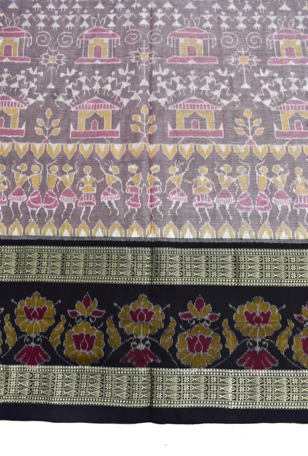 Biscuit Colour Sambalpuri Handloom Bandha Cotton Saree - Image 4