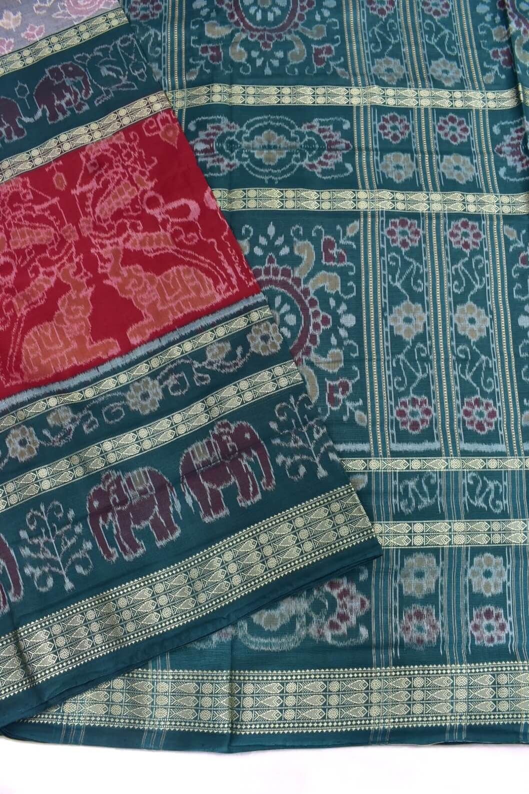 White-Red Colour Sambalpuri Handloom Bandha Cotton Saree - Image 3