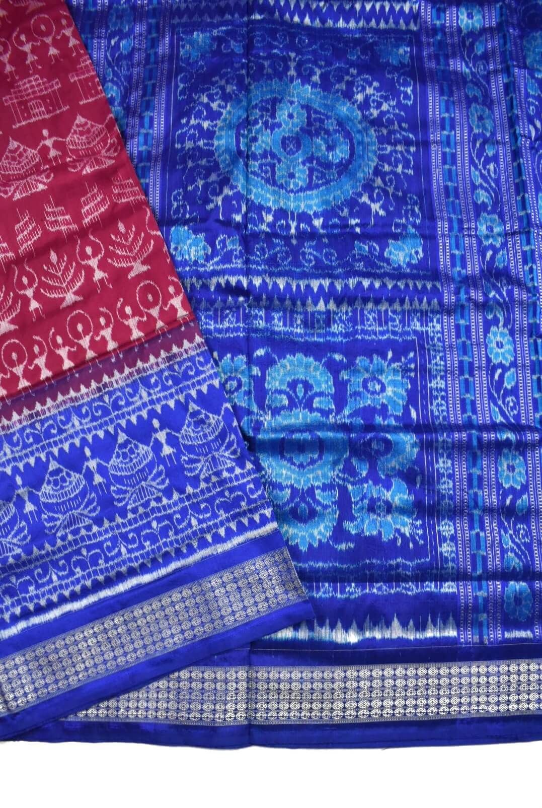 Red-Blue Colour Sambalpuri Handloom Bandha Silk Saree - Image 3