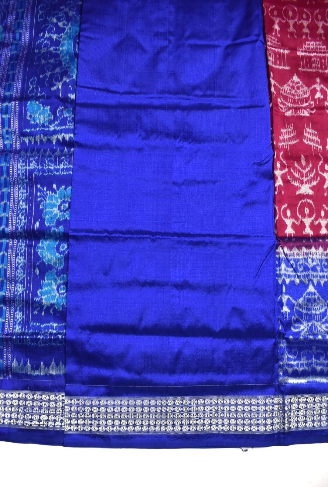 Red-Blue Colour Sambalpuri Handloom Bandha Silk Saree - Image 5