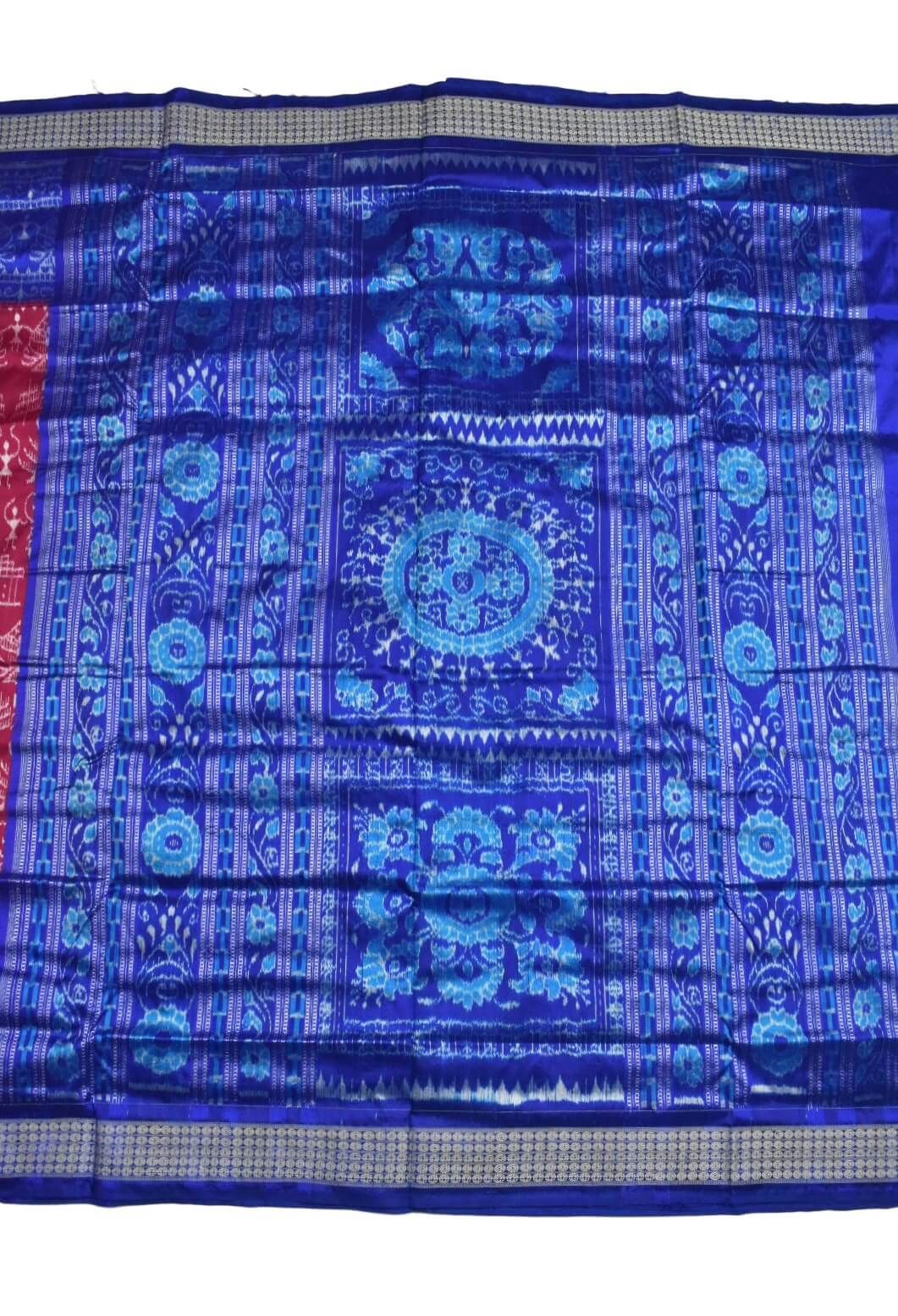 Red-Blue Colour Sambalpuri Handloom Bandha Silk Saree - Image 2