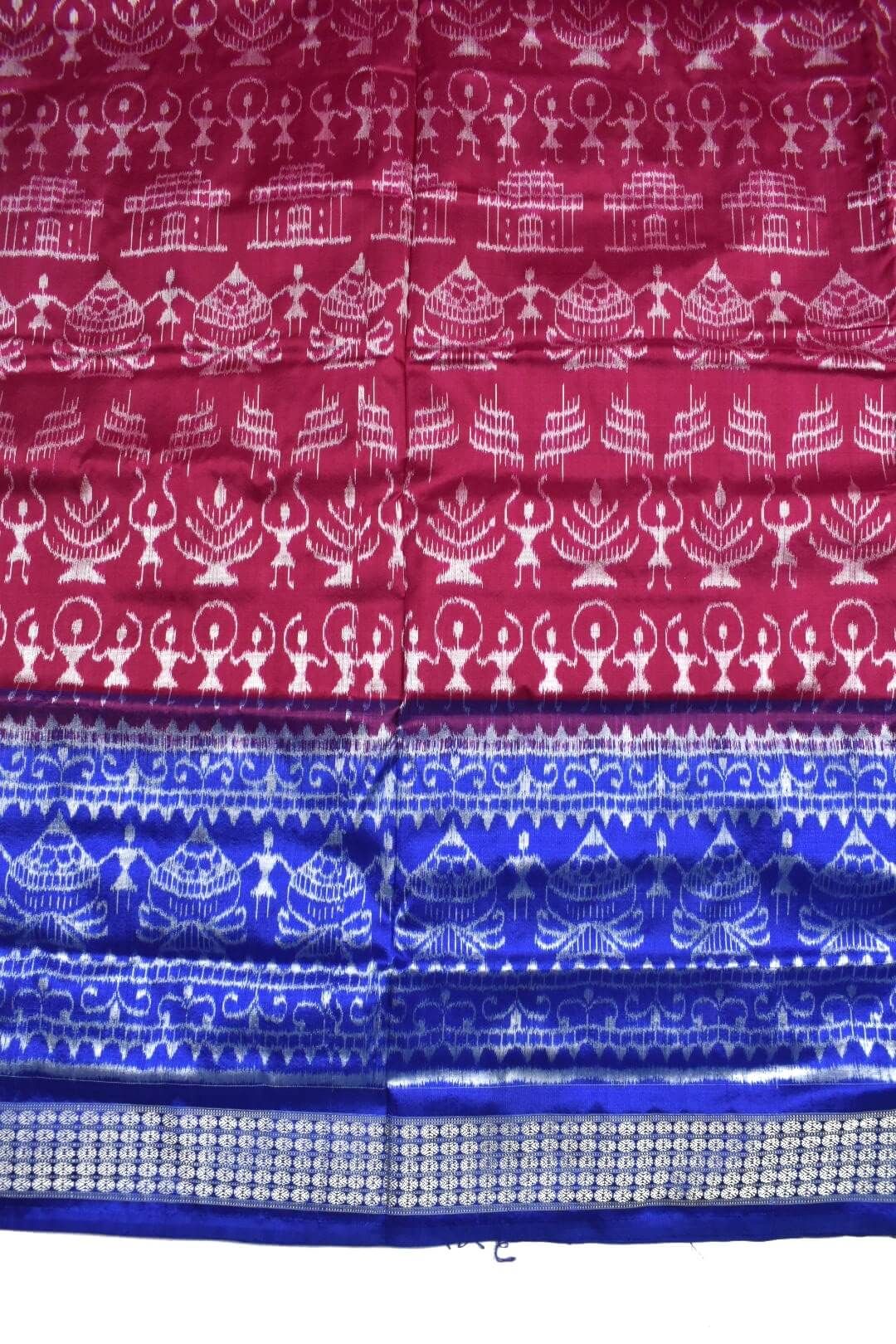 Red-Blue Colour Sambalpuri Handloom Bandha Silk Saree - Image 4