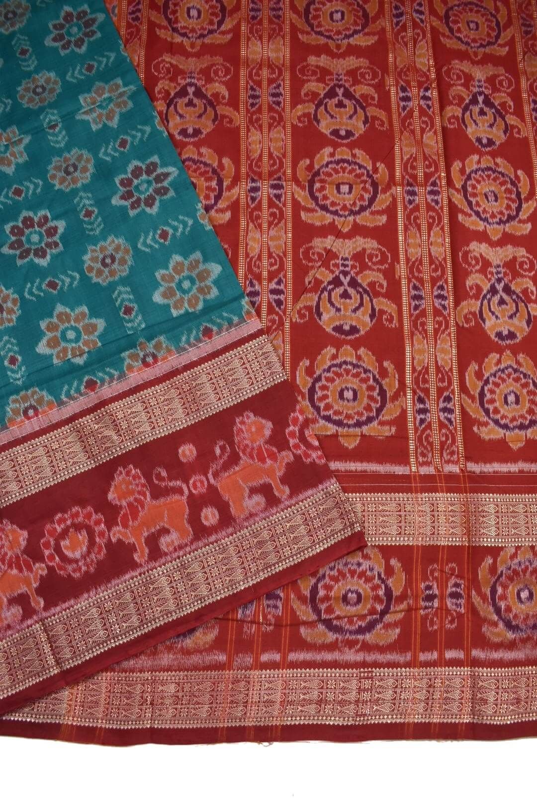 Green Colour Double Border Sambalpuri Handloom Cotton Bandha Saree - Image 3