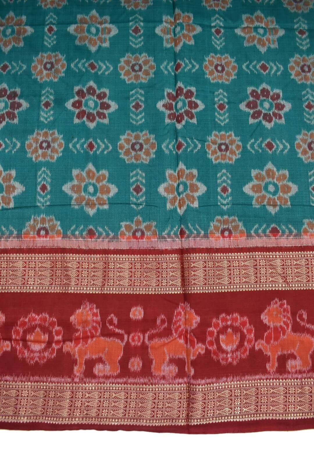 Green Colour Double Border Sambalpuri Handloom Cotton Bandha Saree - Image 4
