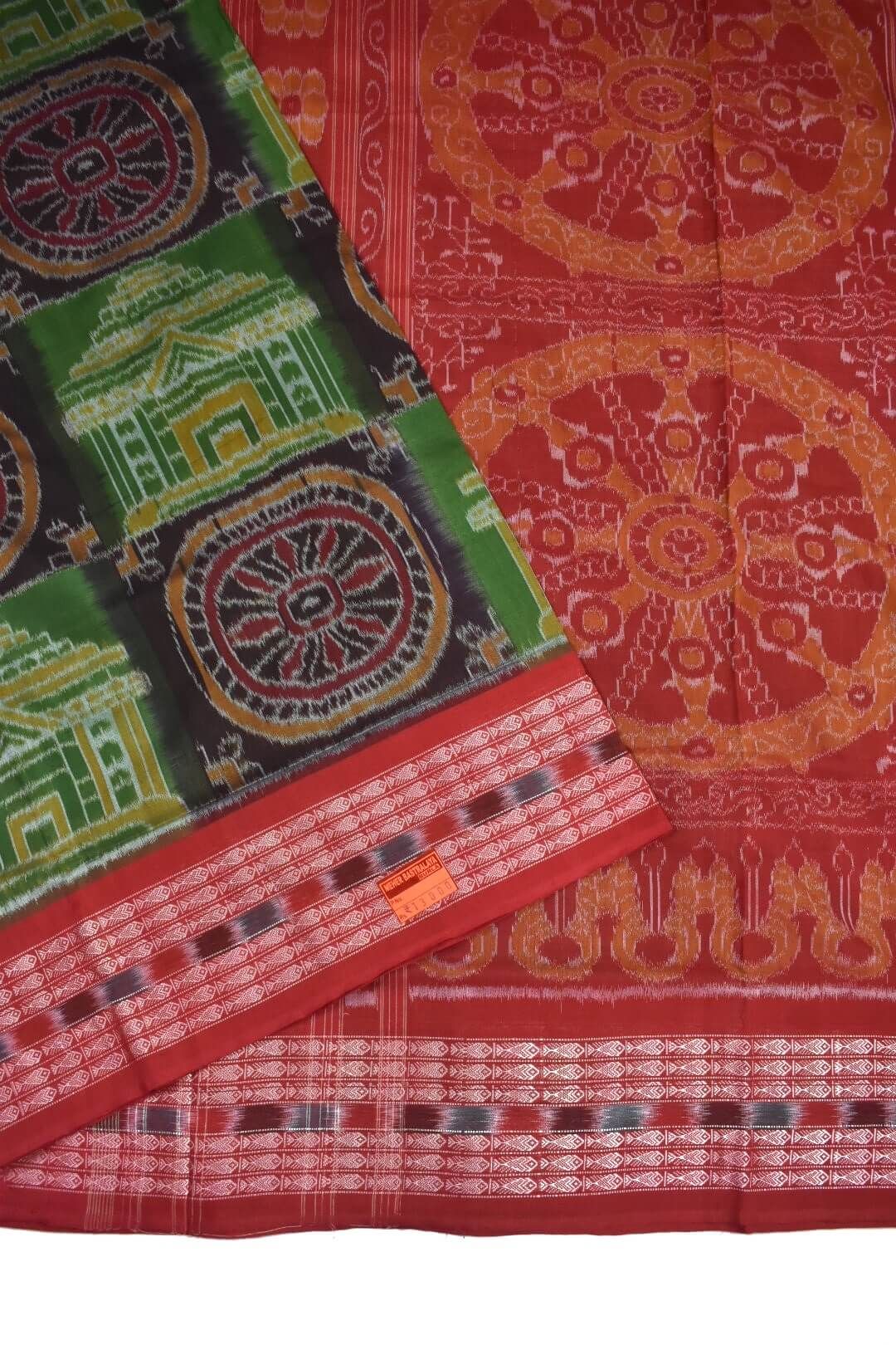 Green Colour Sambalpuri Handloom Cotton Bandha Saree - Image 3