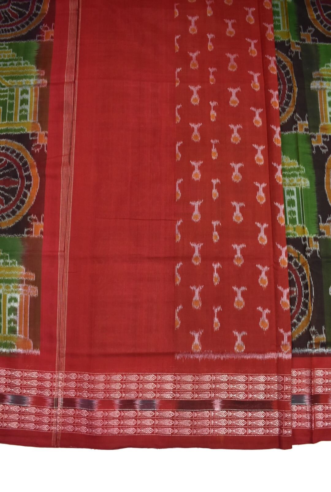 Green Colour Sambalpuri Handloom Cotton Bandha Saree - Image 5