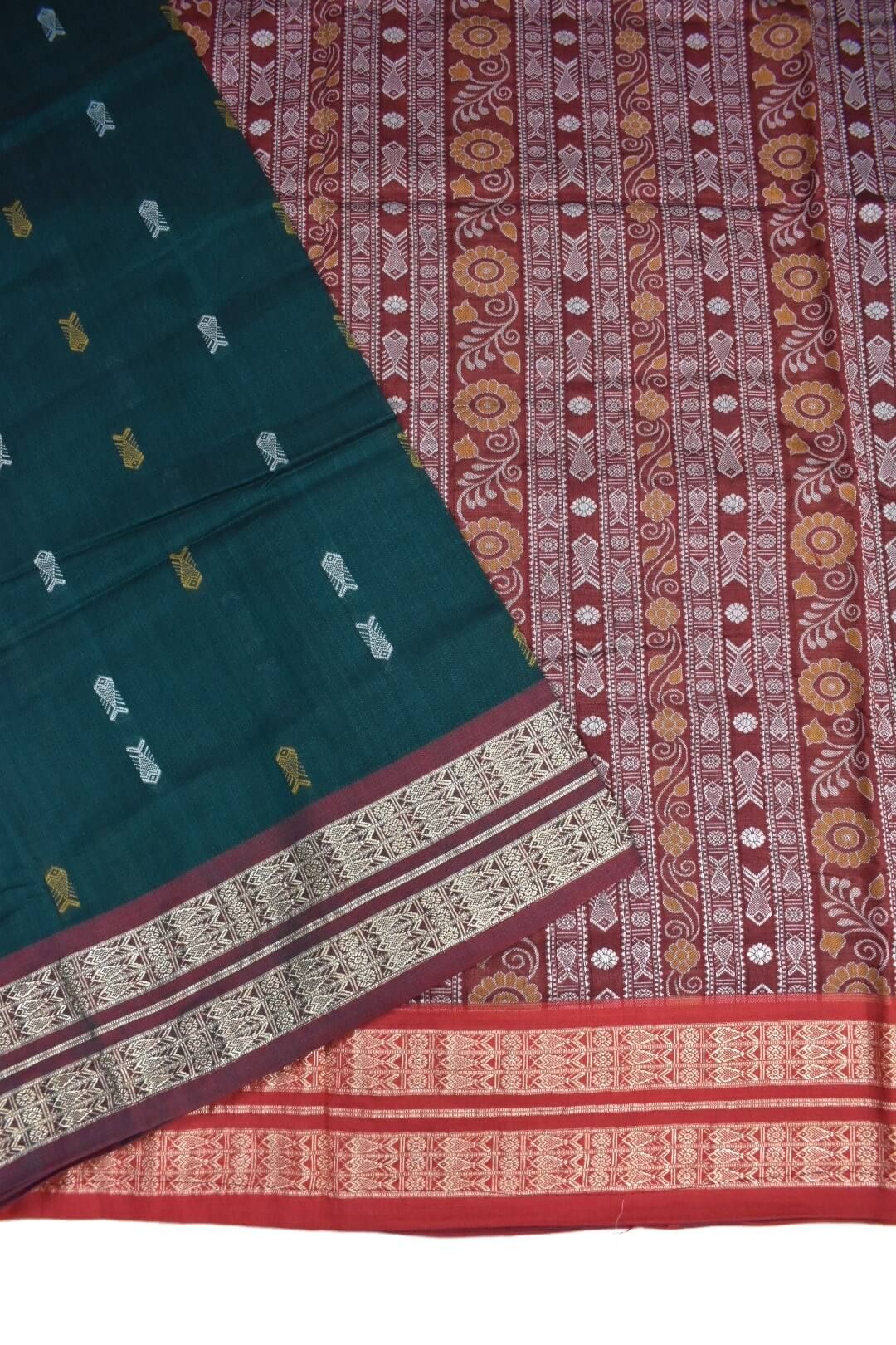 Green Colour Sambalpuri Handloom Cotton Saree - Image 3