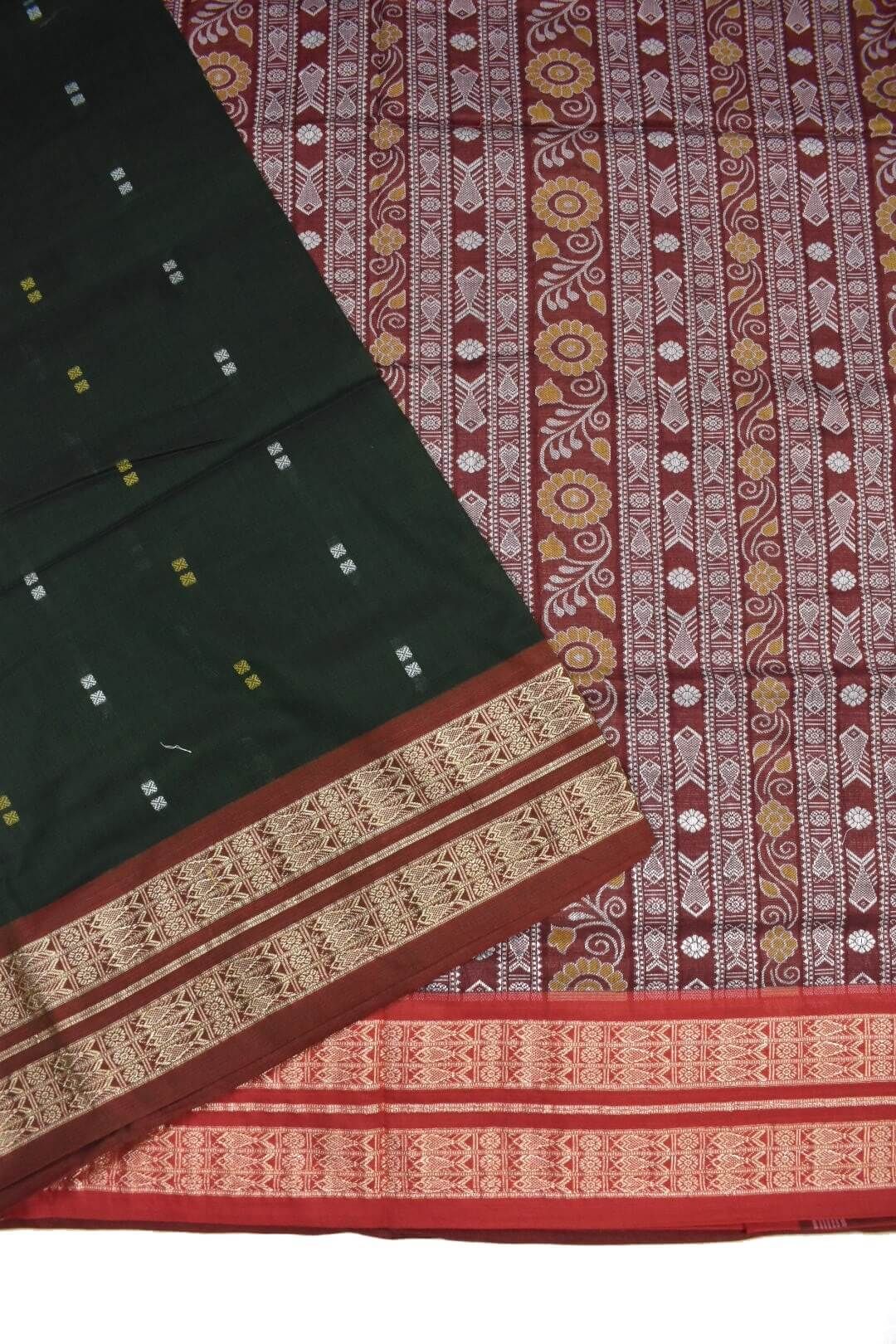 Green Colour Sambalpuri Handloom Cotton Saree - Image 3