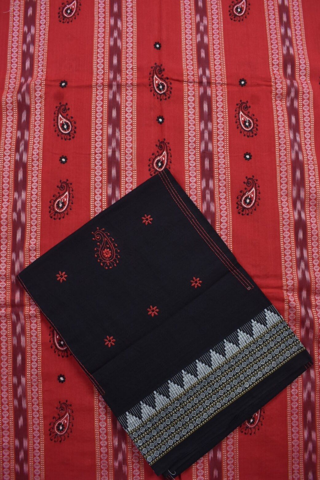 Red Colour Sambalpuri Handloom Cotton Bomkai Dress Material - Image 3
