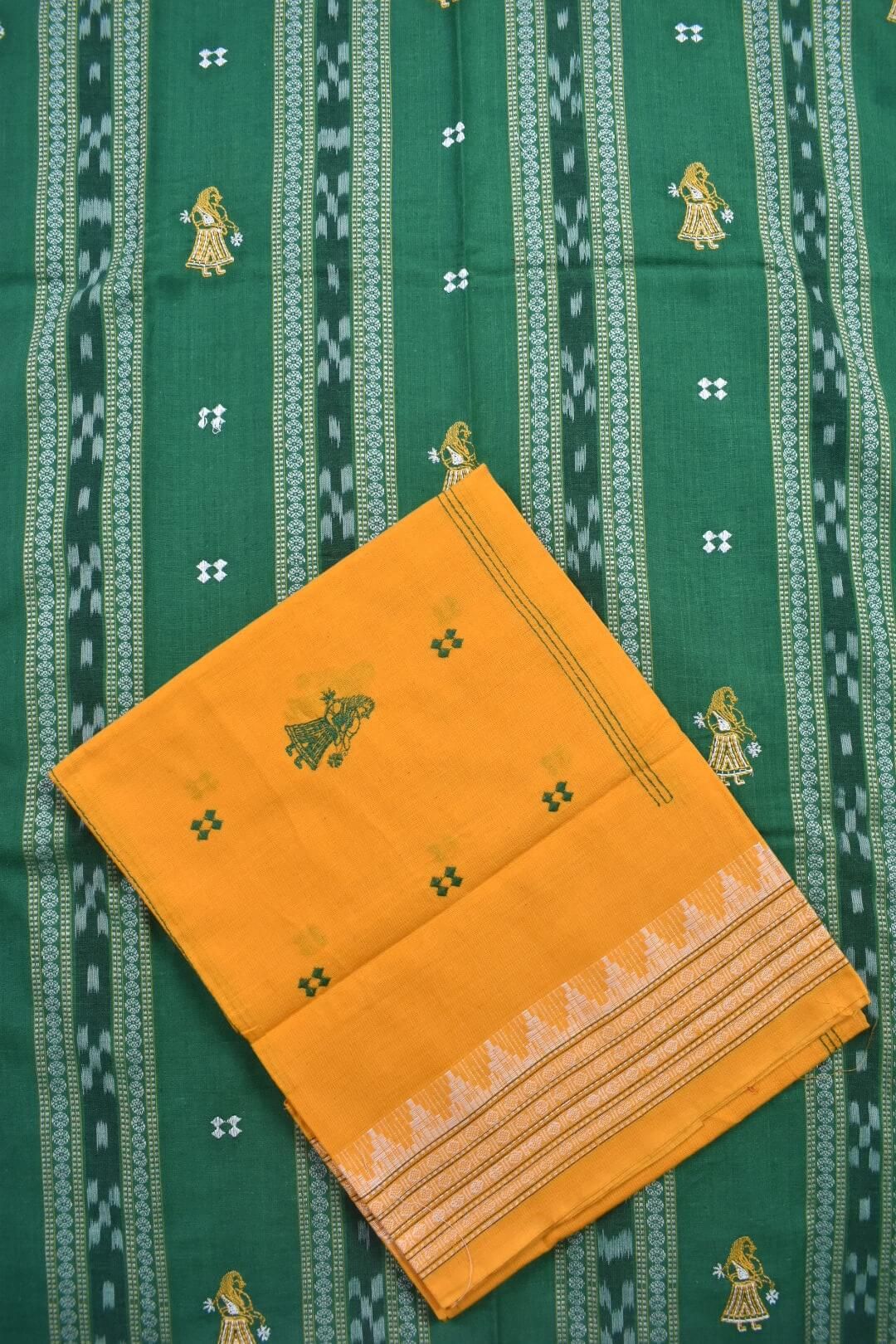 Green Colour Sambalpuri Handloom Cotton Bomkai Dress Material - Image 3