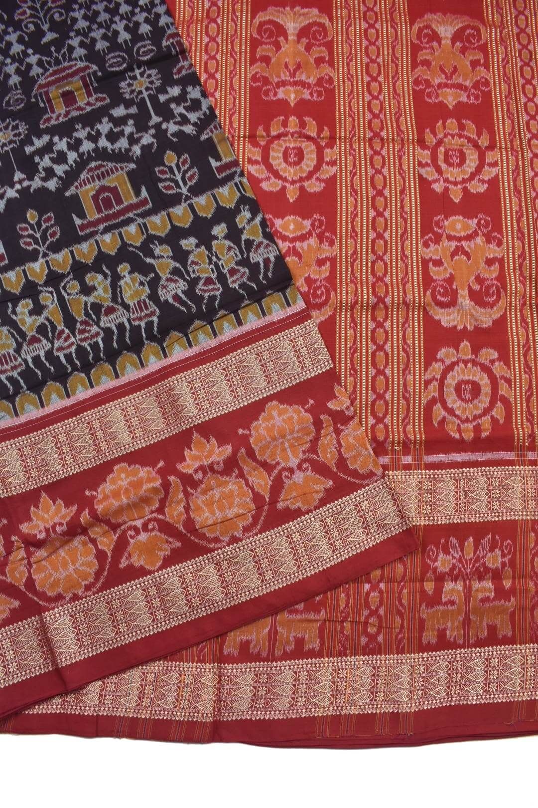 Black-Red Combination Doubke Border Sambalpuri Handloom Cotton Saree - Image 3