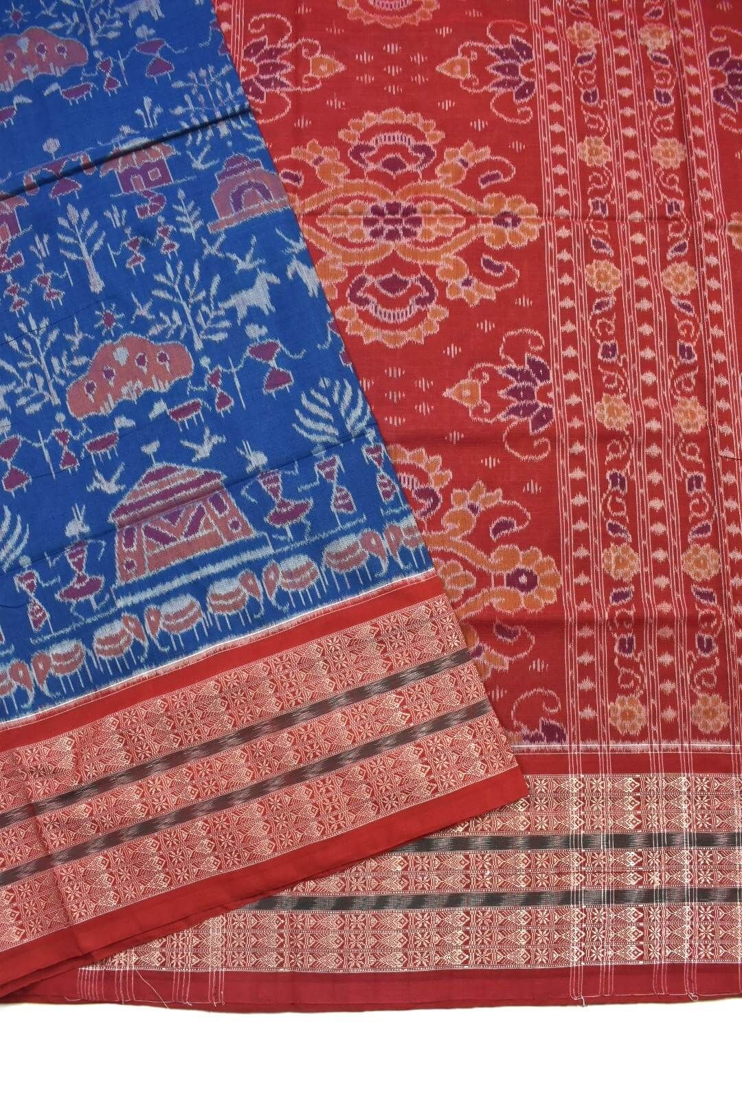 Sky Blue Colour Tribal Design Sambalpuri Handloom Cotton Saree - Image 3