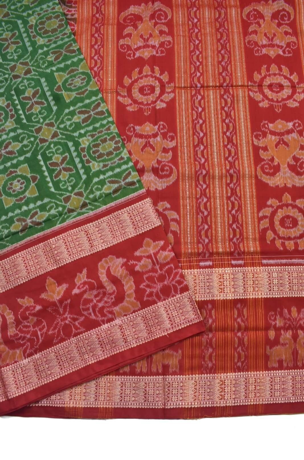 Mahendi Colour Double Border Sambalpuri Handloom Cotton Saree - Image 3