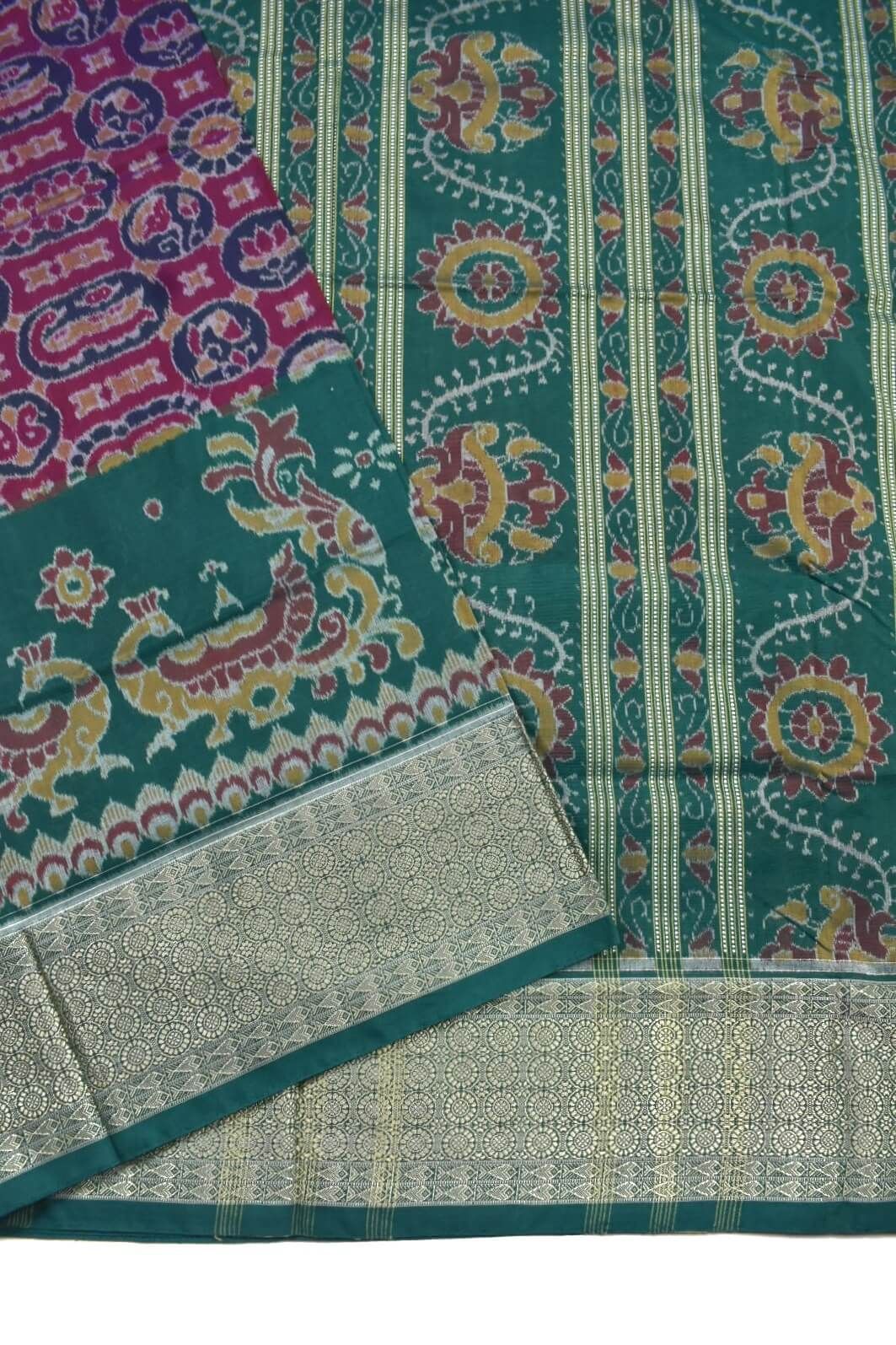Red-Green Colour Sambalpuri Handloom Cotton Saree - Image 3