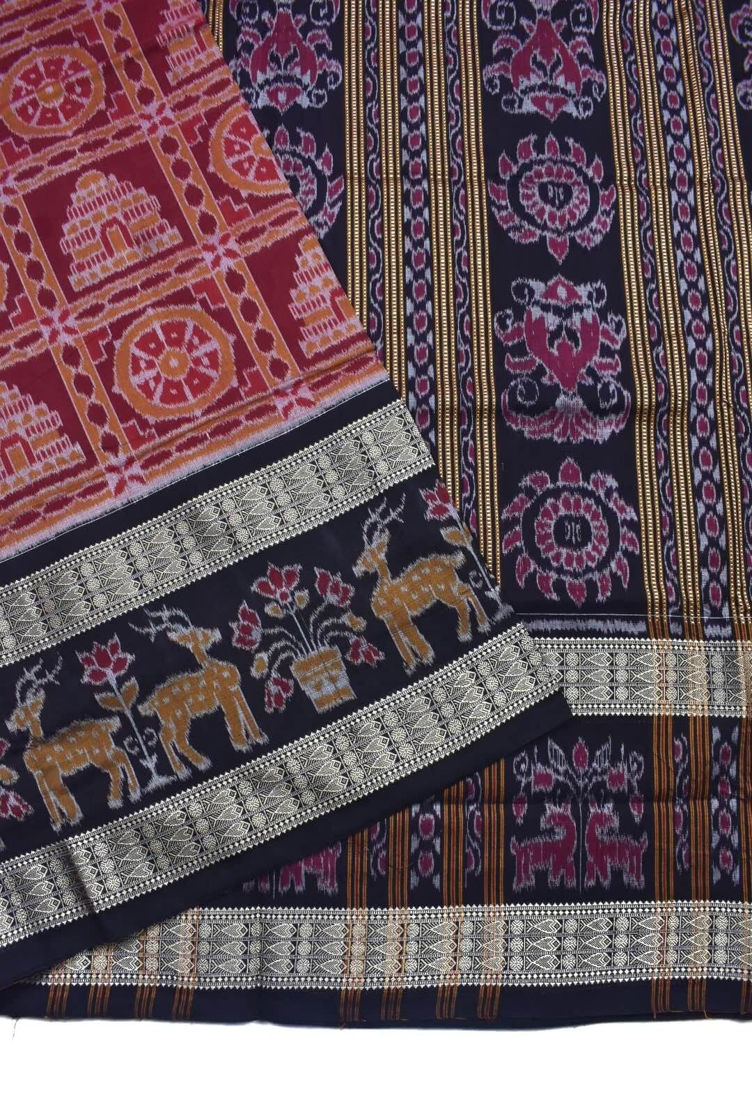 Red-Maroon Colour Sambalpuri Handloom Cotton Saree - Image 3