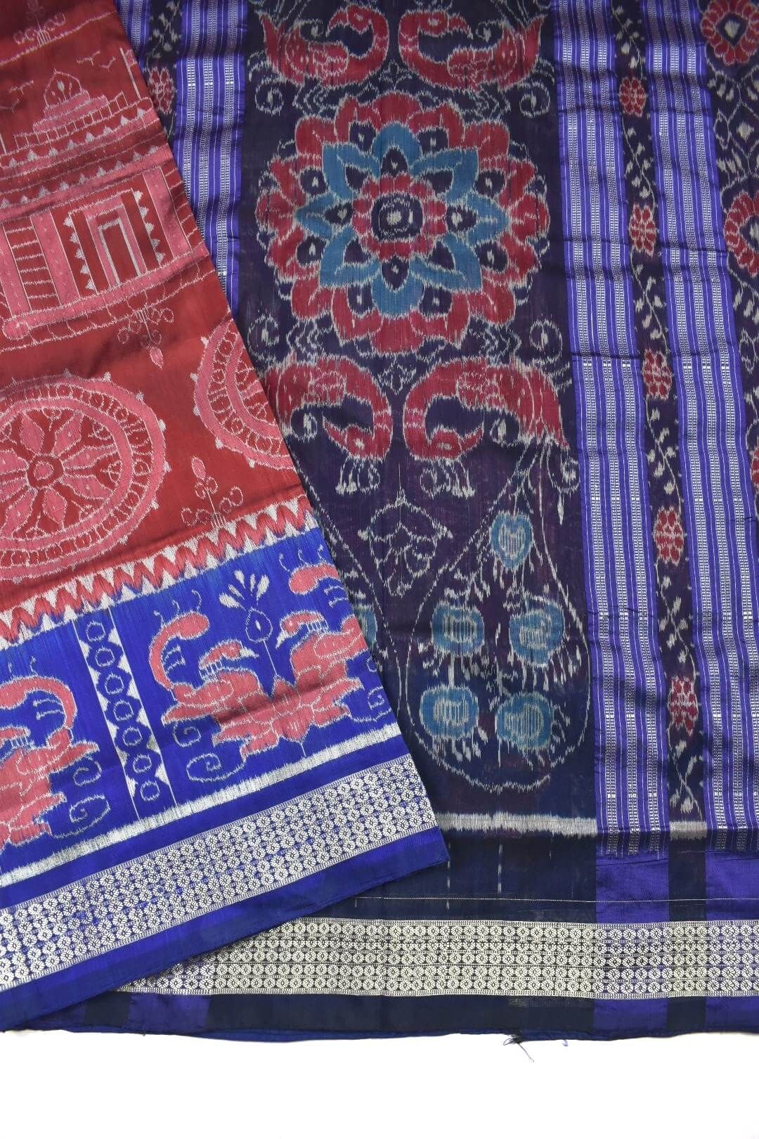 Red-Blue Colour Sambalpuri Handloom Bandha Silk Saree - Image 3