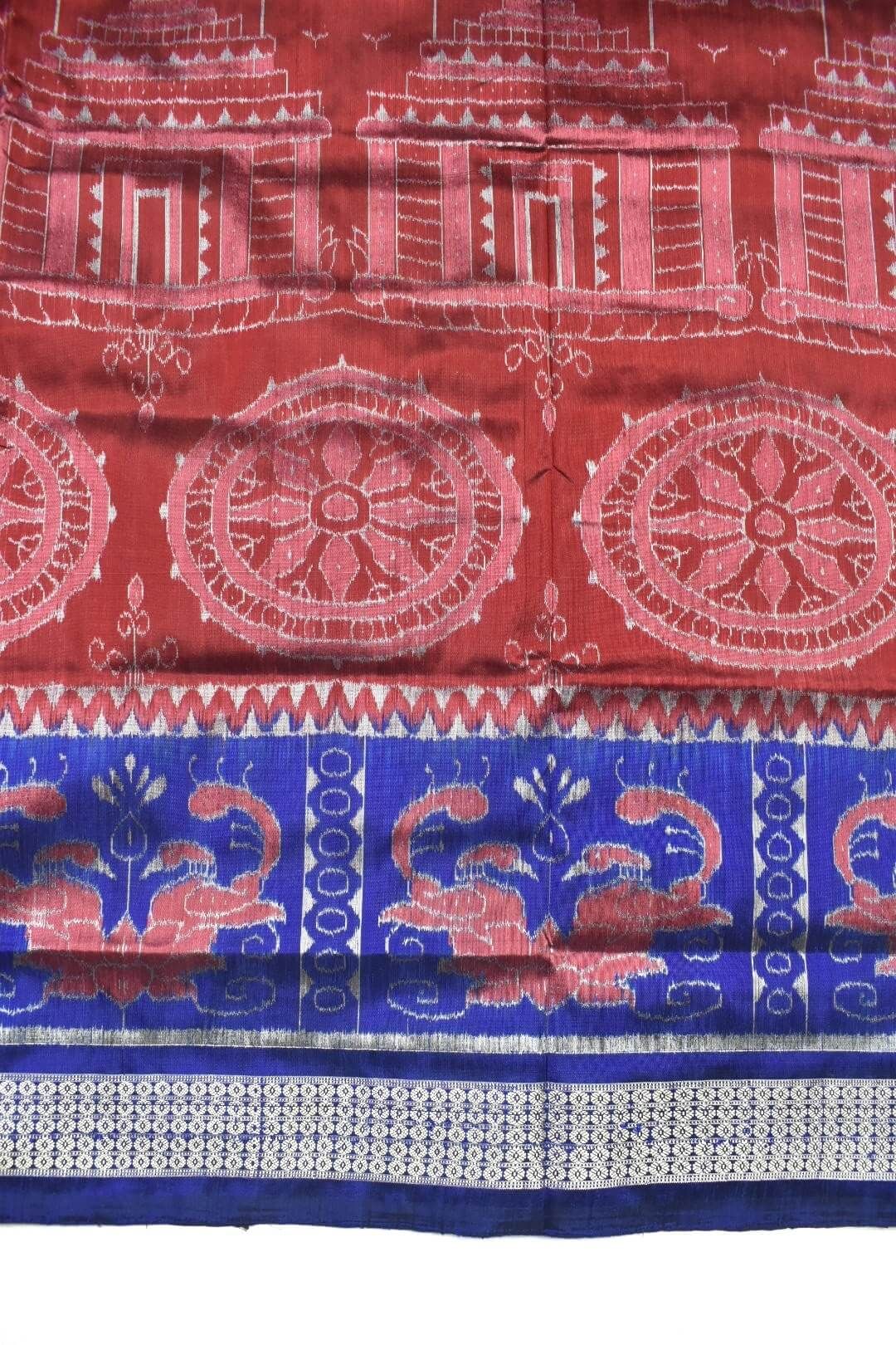 Red-Blue Colour Sambalpuri Handloom Bandha Silk Saree - Image 4
