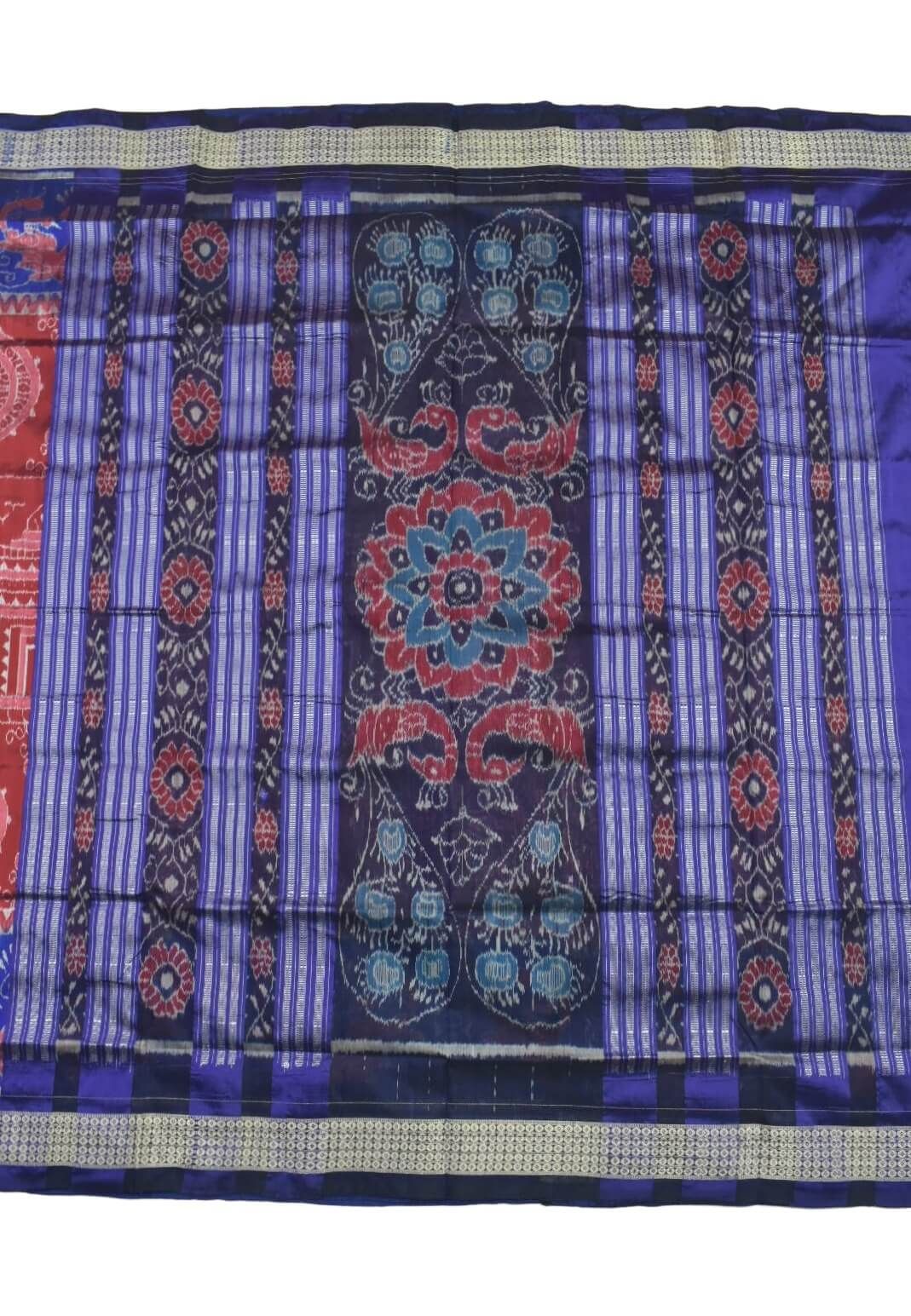 Red-Blue Colour Sambalpuri Handloom Bandha Silk Saree - Image 2
