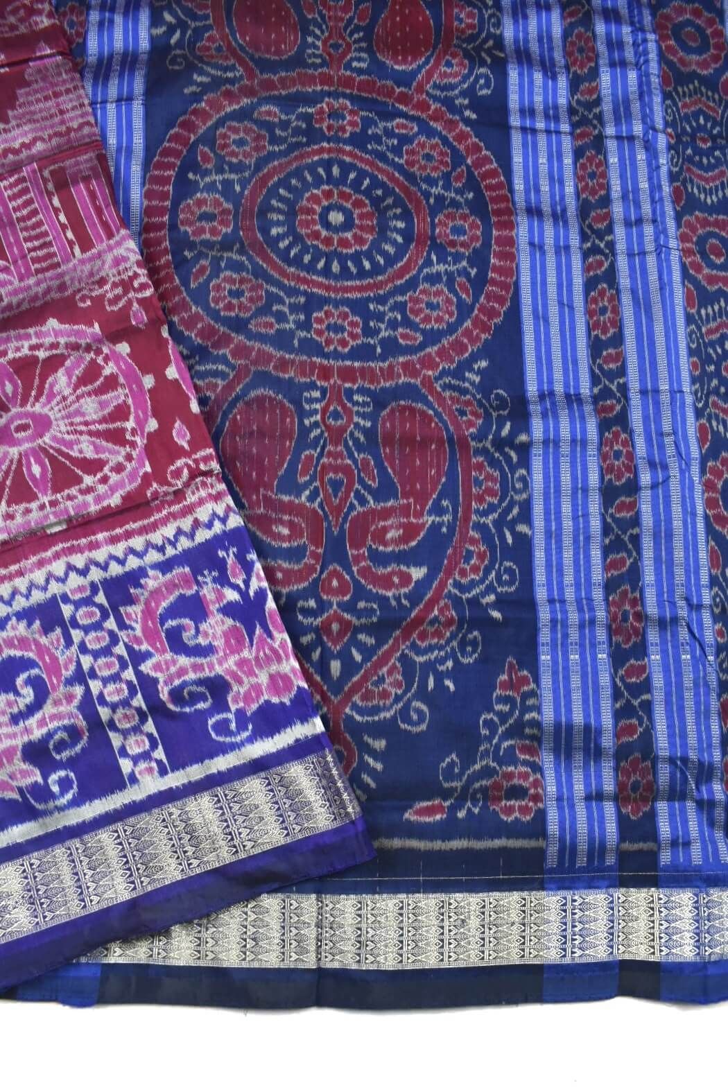 Red-Blue Colour Sambalpuri Handloom Bandha Silk Saree - Image 3