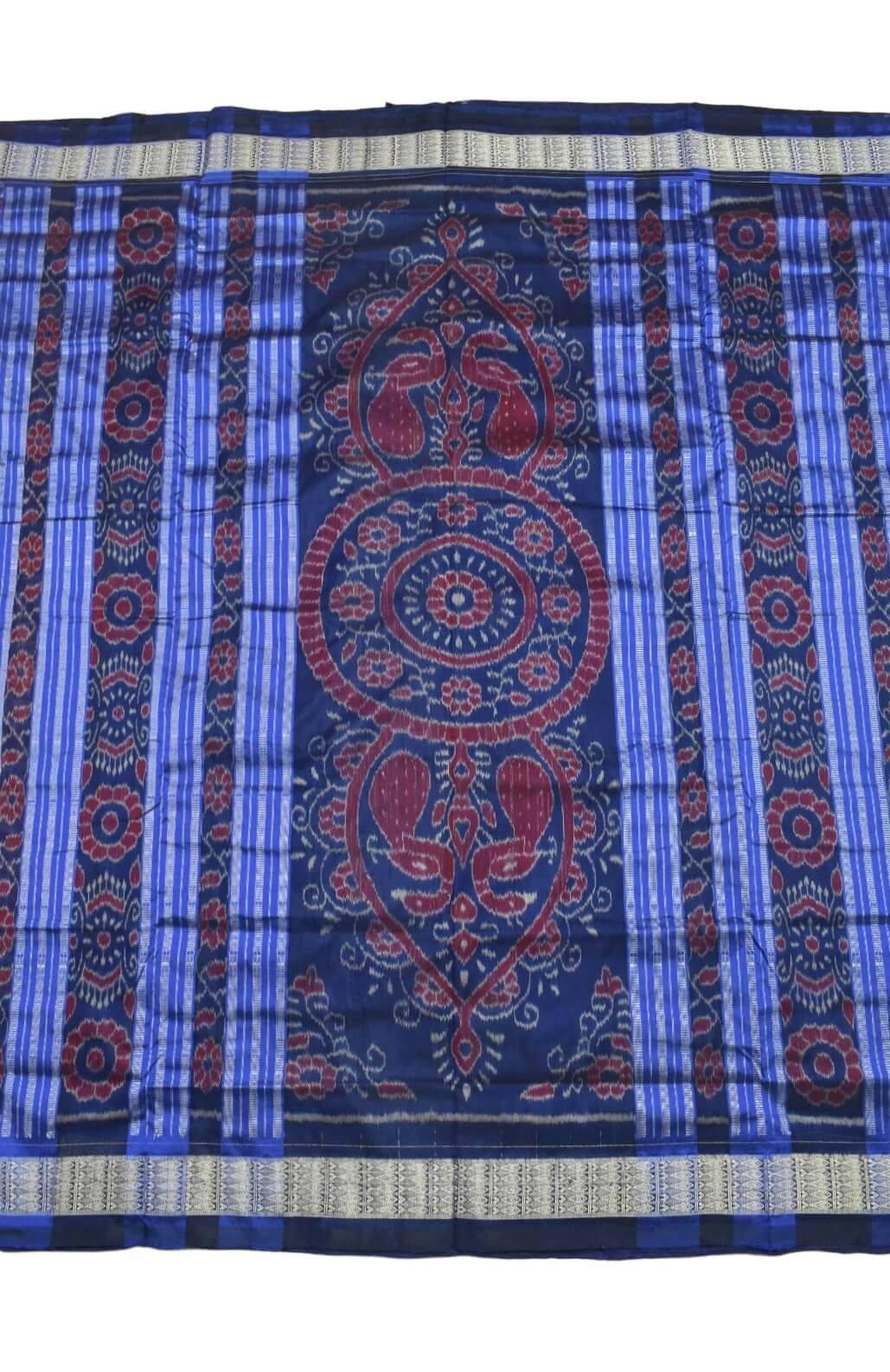 Red-Blue Colour Sambalpuri Handloom Bandha Silk Saree - Image 2