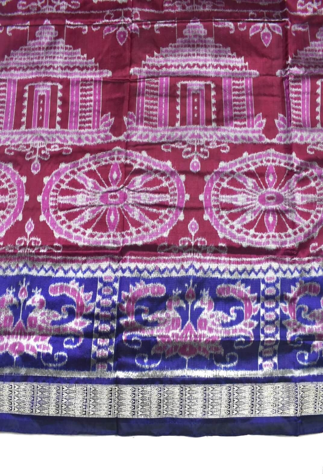 Red-Blue Colour Sambalpuri Handloom Bandha Silk Saree - Image 4